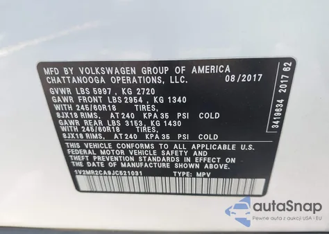 2018 Volkswagen Atlas 3.6L V6 Sel z USA, uszkodzony, nr VIN 1V2MR2CA9JC521031